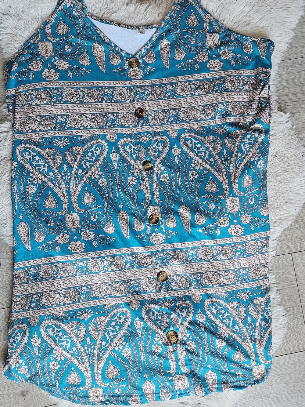 Boho Paisley Sleeveless Tank Top -turquoise & Beige Button-Down Camisole XL🔥